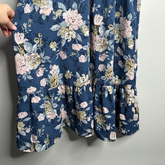 Hayden Los Angeles Blue Floral Flutter Sleeve Tie Front V Neck Maxi Dress Size L - Picture 3 of 8